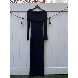 SKIMS Off Shoulder Long Sleeve Maxi Dress Black Cozy Knit Size S P CH